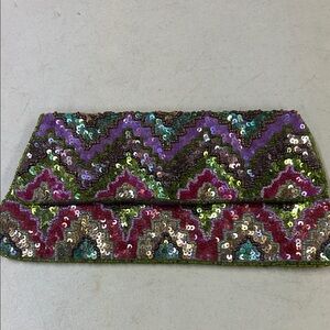 Accessorize Zigzag Sequin Clutch - Purple, Green, Pink